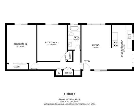 Floor plan for 2 beds, 1 bath